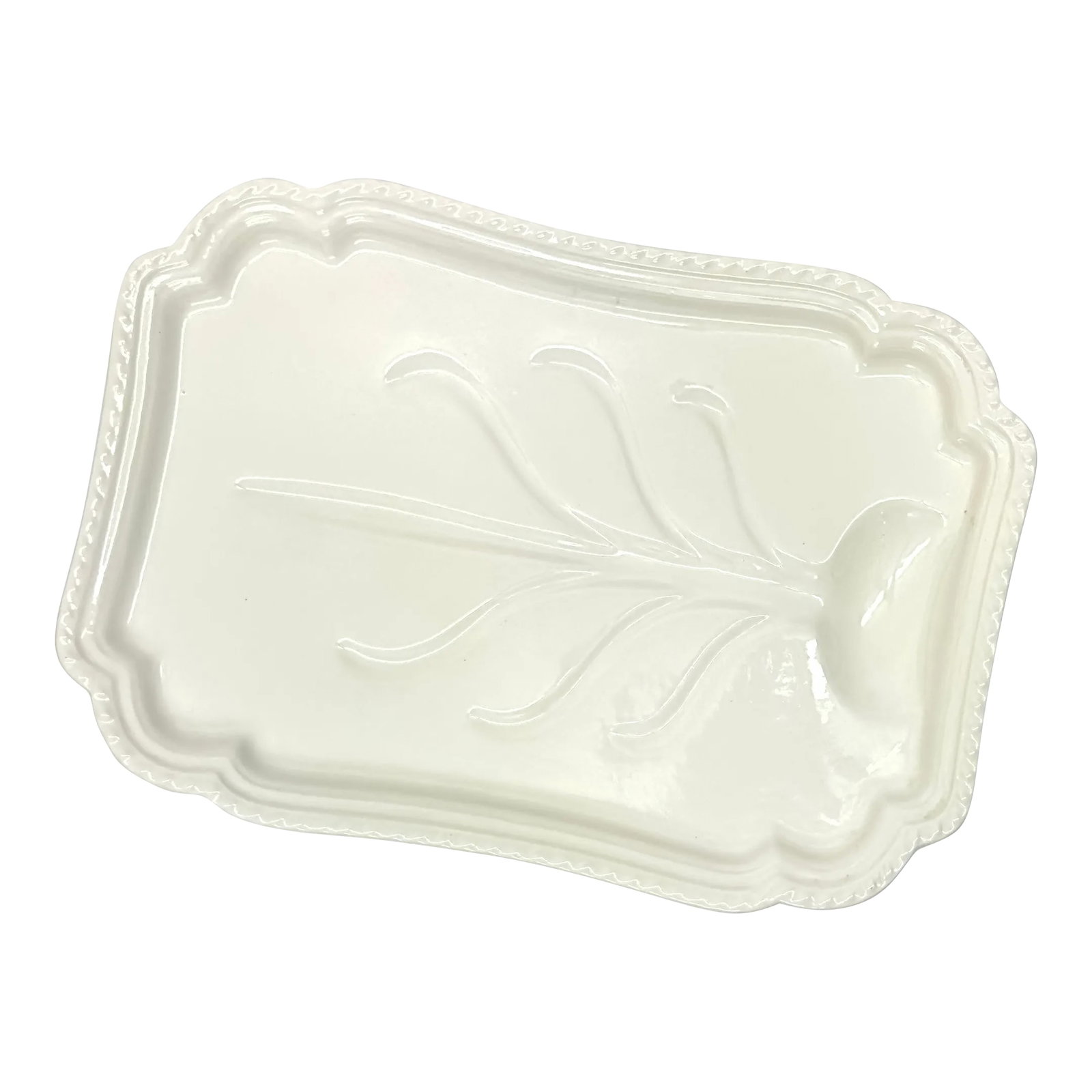 Oversized Rectangular Cream Ceramic Serving Platter: Cream Rectangular Ceramic Platter. This is a gorgeous ceramic rectangular platter in a cream shade featuring a textured design along the edges and tree branches in the center. Height: 1.5" Width: 17"
