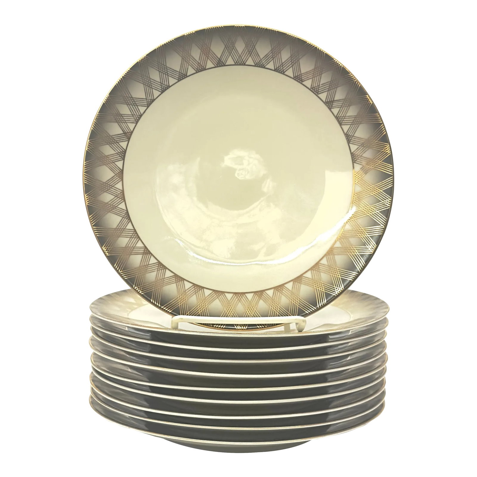 Detailed Gold Edged Side Plates by Plankenhammer Germany - Set of 10: Gold and white plates, group of 10. This set of ten side plates was crafted by Plankenhammer Floss in Bavaria, Germany, during the mid-20th century. Each plate showcases a cream-white backdrop adorned