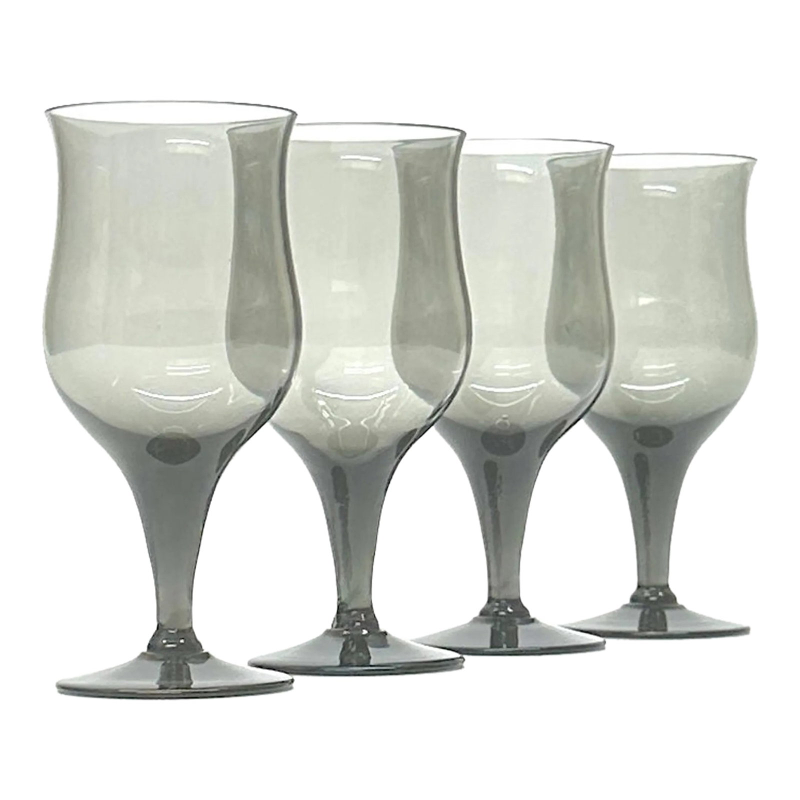 Mid 20th Century Cool Grey Tulip Shaped Aperitif Glasses - Set of 4: Cool Grey Tulip Shaped Aperitif Glasses - Set of 4. A gorgeous set of mid-century cool grey translucent short stemmed aperitif glasses. Height: 5.25"H Width: 2.25"W Condition: Alterations: Original