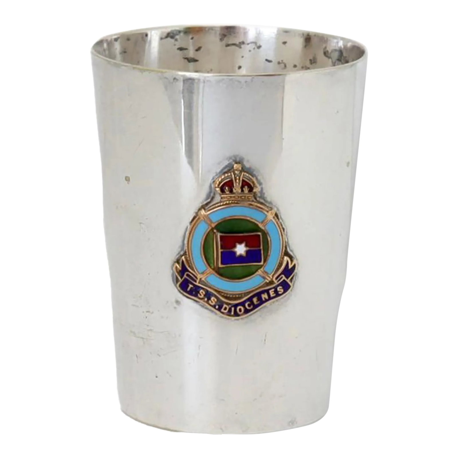 1920s T. S. S. Diogenes First Class Shot Glass / Jigger: This 1920s First Class deck shot glass / cocktail jigger is a unique memento from the TSS Diogenes, a 12,341-ton ocean liner of the Aberdeen Line launched in 1922. Crafted from quality