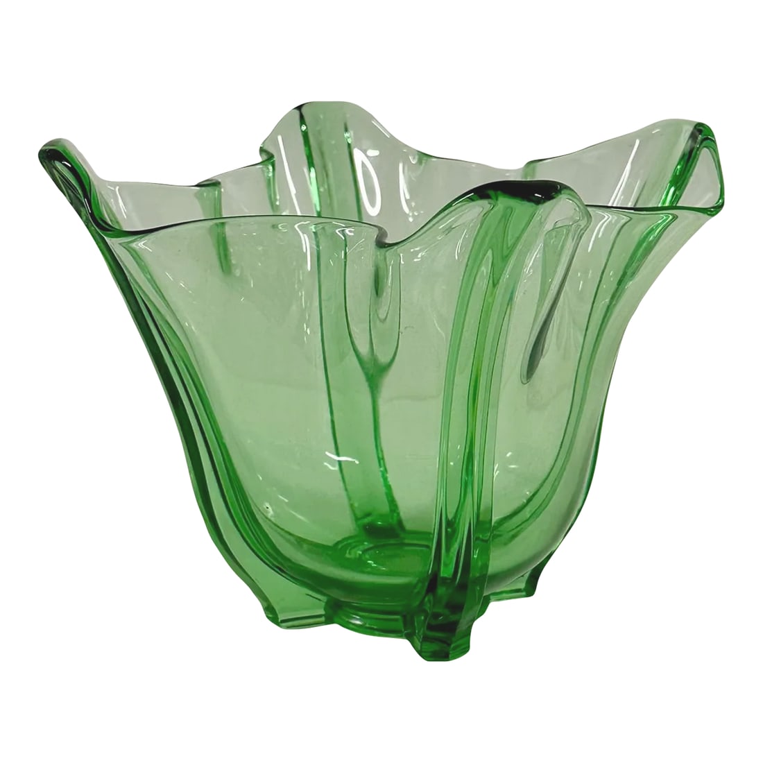 Hand Blown Green Handkerchief Vase, Italy, Circa 1960.: Exquisite hand-blown vase from Italy, circa 1960, featuring a captivating green hue and a distinctive handkerchief shape. Crafted with precision, it embodies the artistry and elegance of mid-century