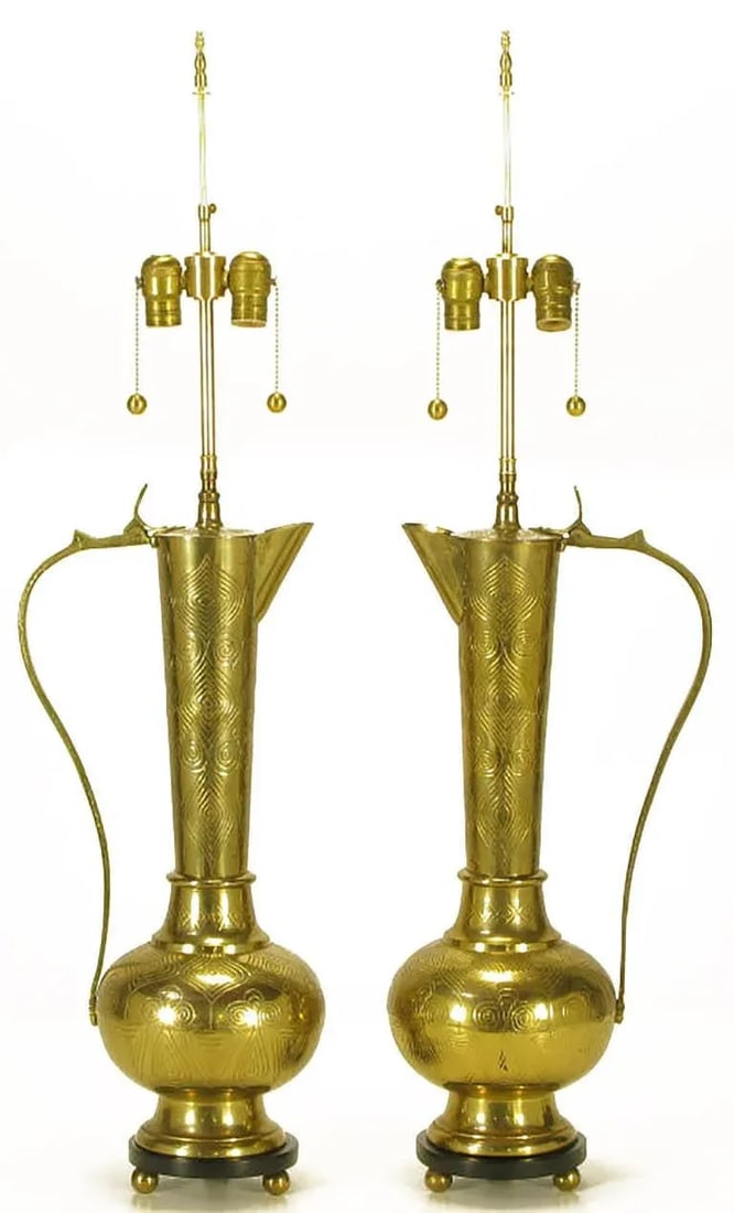 Large Moroccan Etched Brass Ewer Table Lamps - a Pair - 2