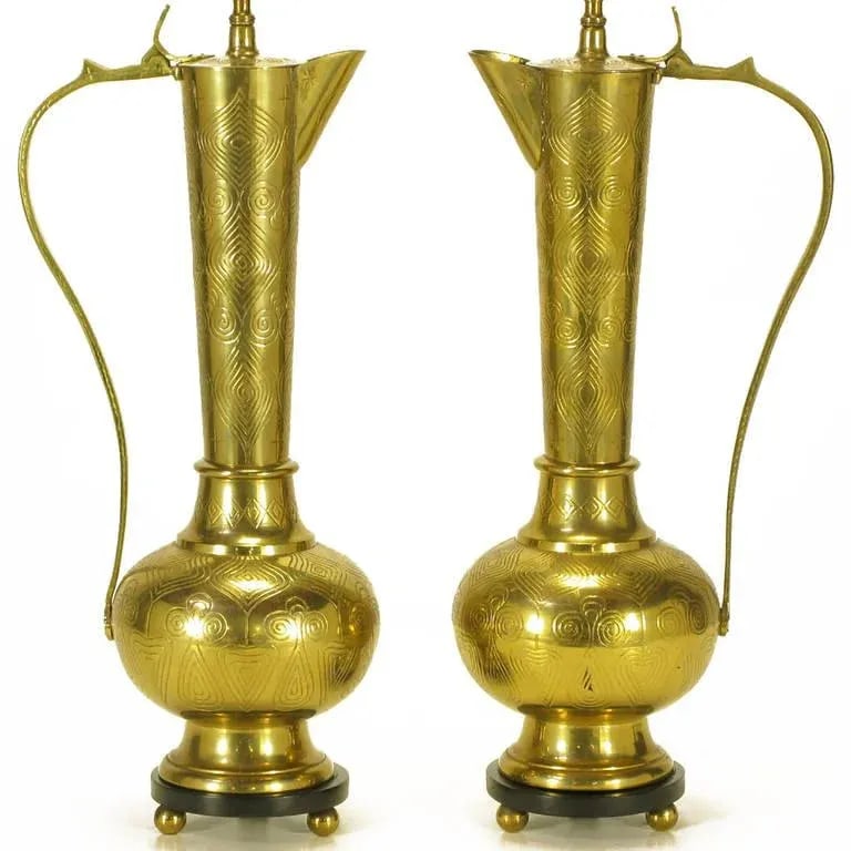 Large Moroccan Etched Brass Ewer Table Lamps - a Pair - 3