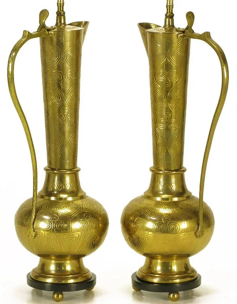 Large Moroccan Etched Brass Ewer Table Lamps - a Pair - 4
