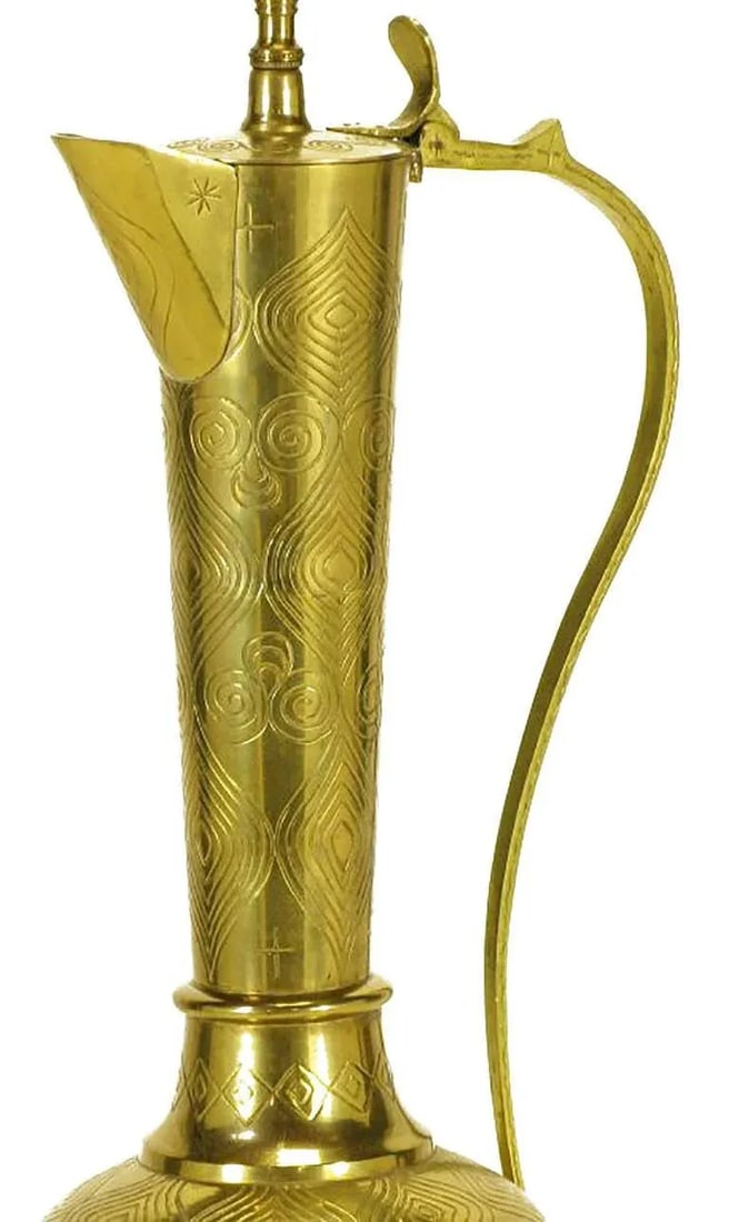 Large Moroccan Etched Brass Ewer Table Lamps - a Pair - 5