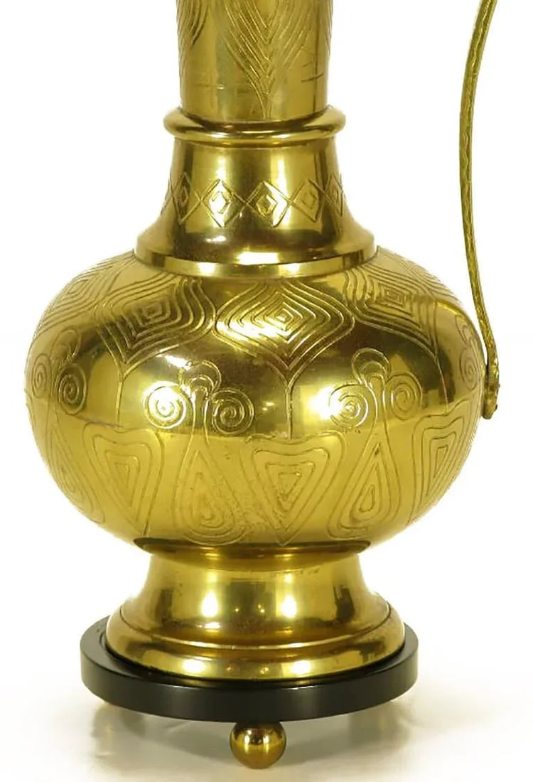 Large Moroccan Etched Brass Ewer Table Lamps - a Pair - 6