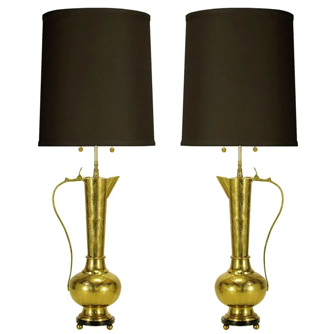Large Moroccan Etched Brass Ewer Table Lamps - a Pair - 7