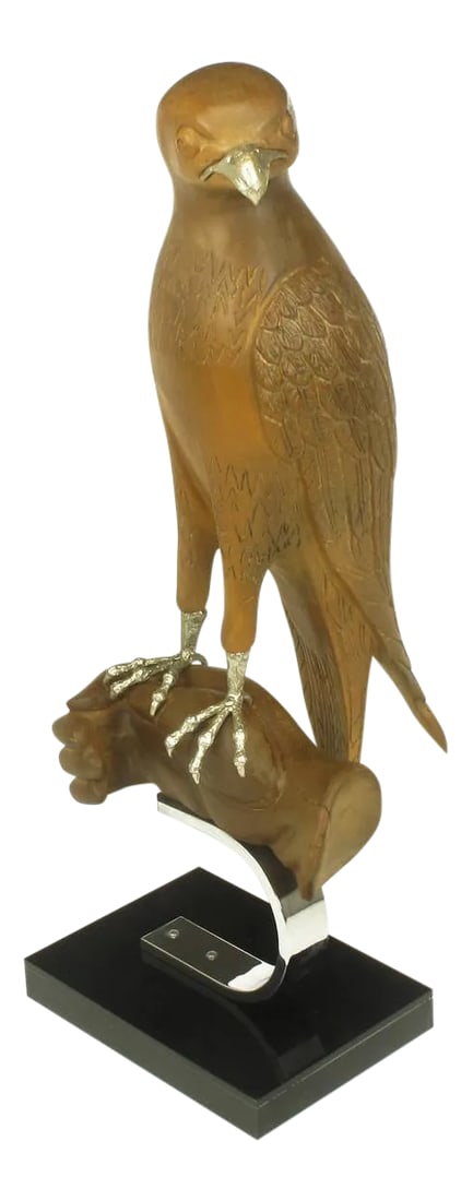 Carved Wood & Silver Sculpture of Raptor Bird on Falconer's Hand: Wonderfully carved falcon or hawk, mounted on a carved wood hand. Silver talons and beak. All surmounted on a C shaped chrome steel bracket and black acrylic over wood base. Condition: Alterations: