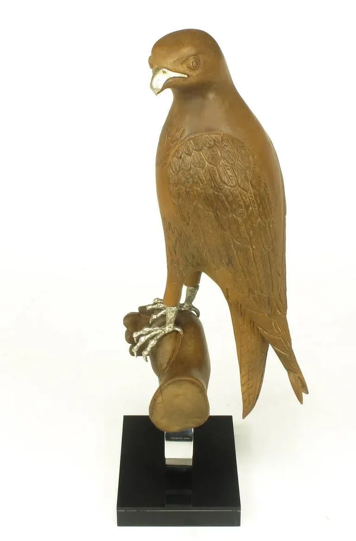 Carved Wood & Silver Sculpture of Raptor Bird on Falconer's Hand - 3