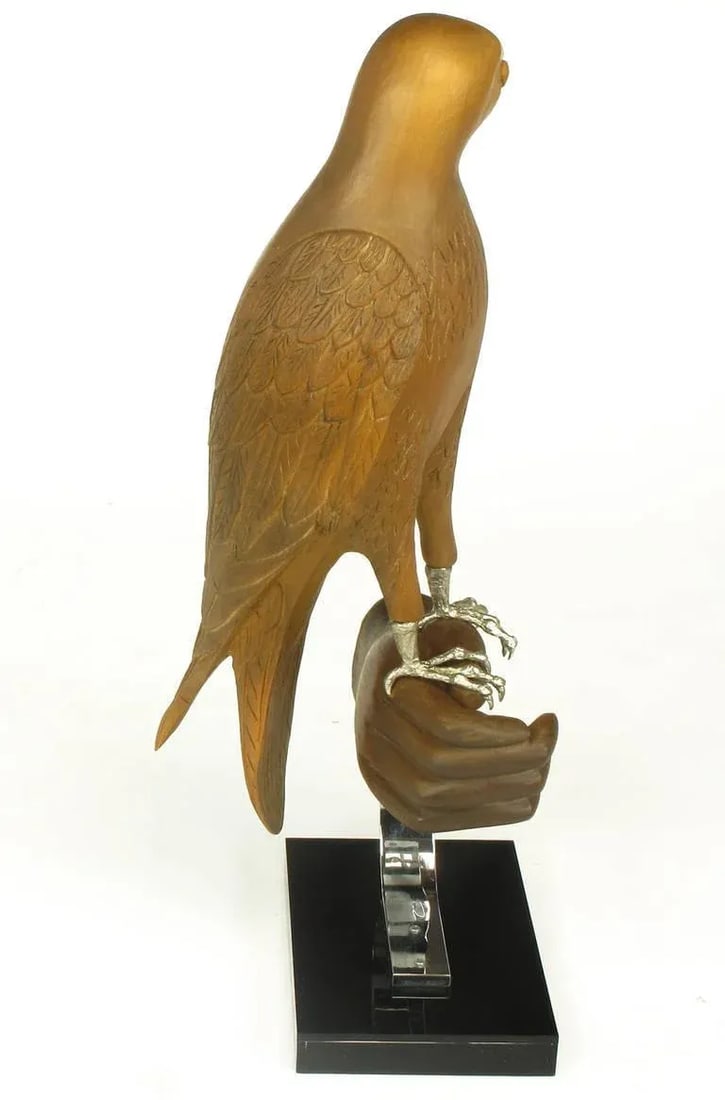 Carved Wood & Silver Sculpture of Raptor Bird on Falconer's Hand - 5