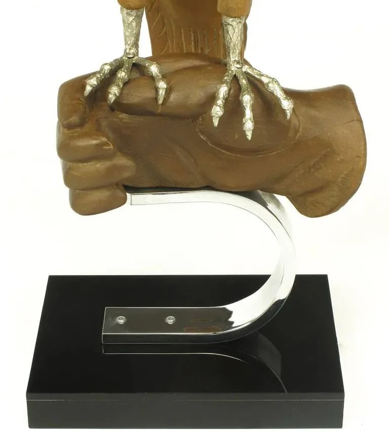 Carved Wood & Silver Sculpture of Raptor Bird on Falconer's Hand - 7
