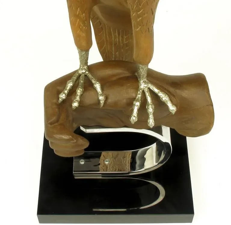 Carved Wood & Silver Sculpture of Raptor Bird on Falconer's Hand - 8