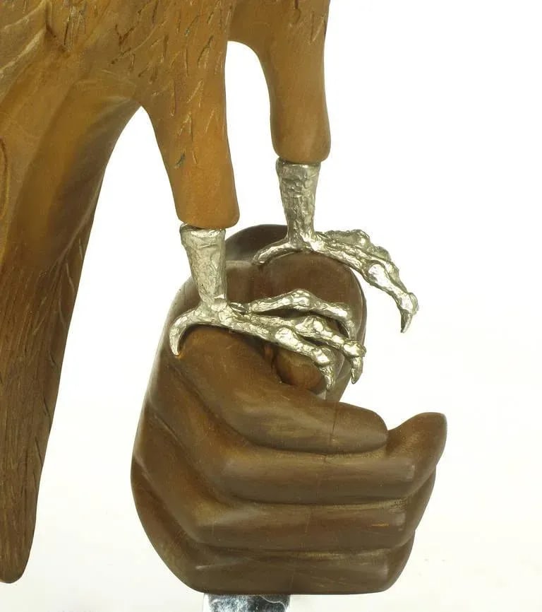 Carved Wood & Silver Sculpture of Raptor Bird on Falconer's Hand - 9