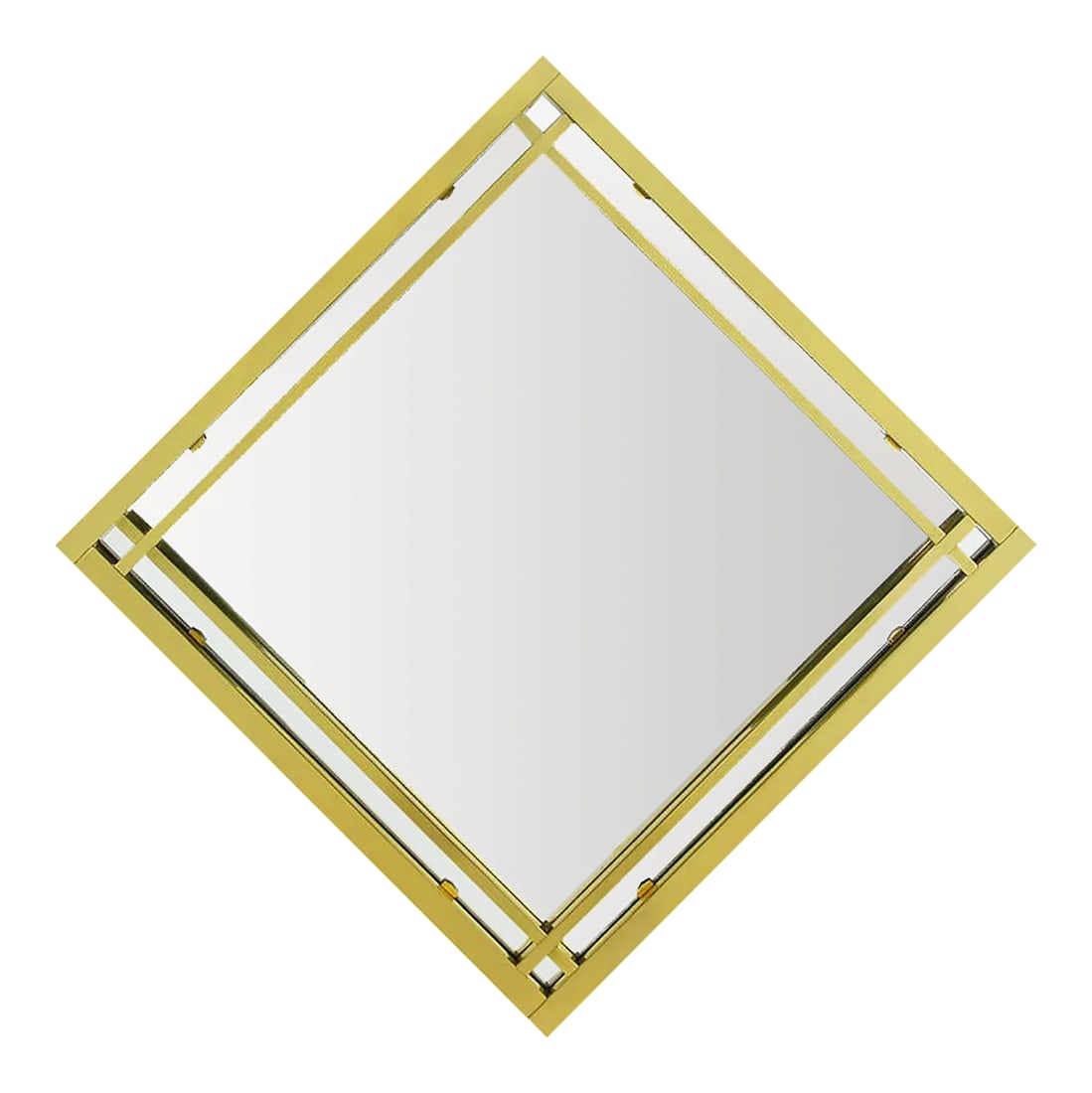 Brass Double Framed Mirror in the Style of Pierre Cardin: Elegant modern diamond shaped double framed mirror with open crossed corners in the style of Pierre Cardin. Excellent build quality and substantial, the mirror is outfitted with heavy duty hangers in