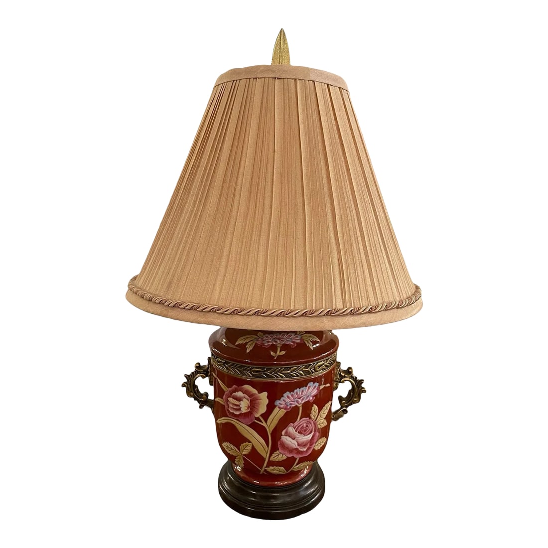 Vintage Floral Table Lamp: Brighten your space with the charming elegance of this vintage floral lamp. Featuring a vibrant red base adorned with delicate pink flowers and decorative gold-detailed handles, this small table lamp 