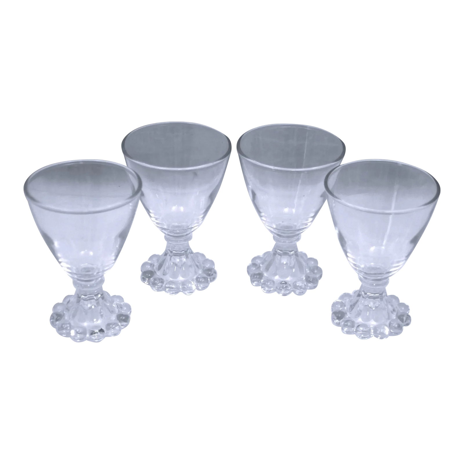 Vintage Anchor Hocking Berwick Boopie Small Clear Footed Cocktail Juice Glasses- Set of 4: Vintage Anchor Hocking Berwick Boopie Glasses Set of 4 These vintage Anchor Hocking glasses were created during the 1950's. The glass is clear and decorated with a ring of small clear beads around the
