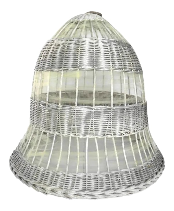Antique Weathered Silver Wicker Bell by Art Rattan Works: Antique large wicker bell in silver white color with pale yellow organza net lace inserts for indoor decor in shabby chic, granny chic, or boho chic styles. The bell was likely a florist window