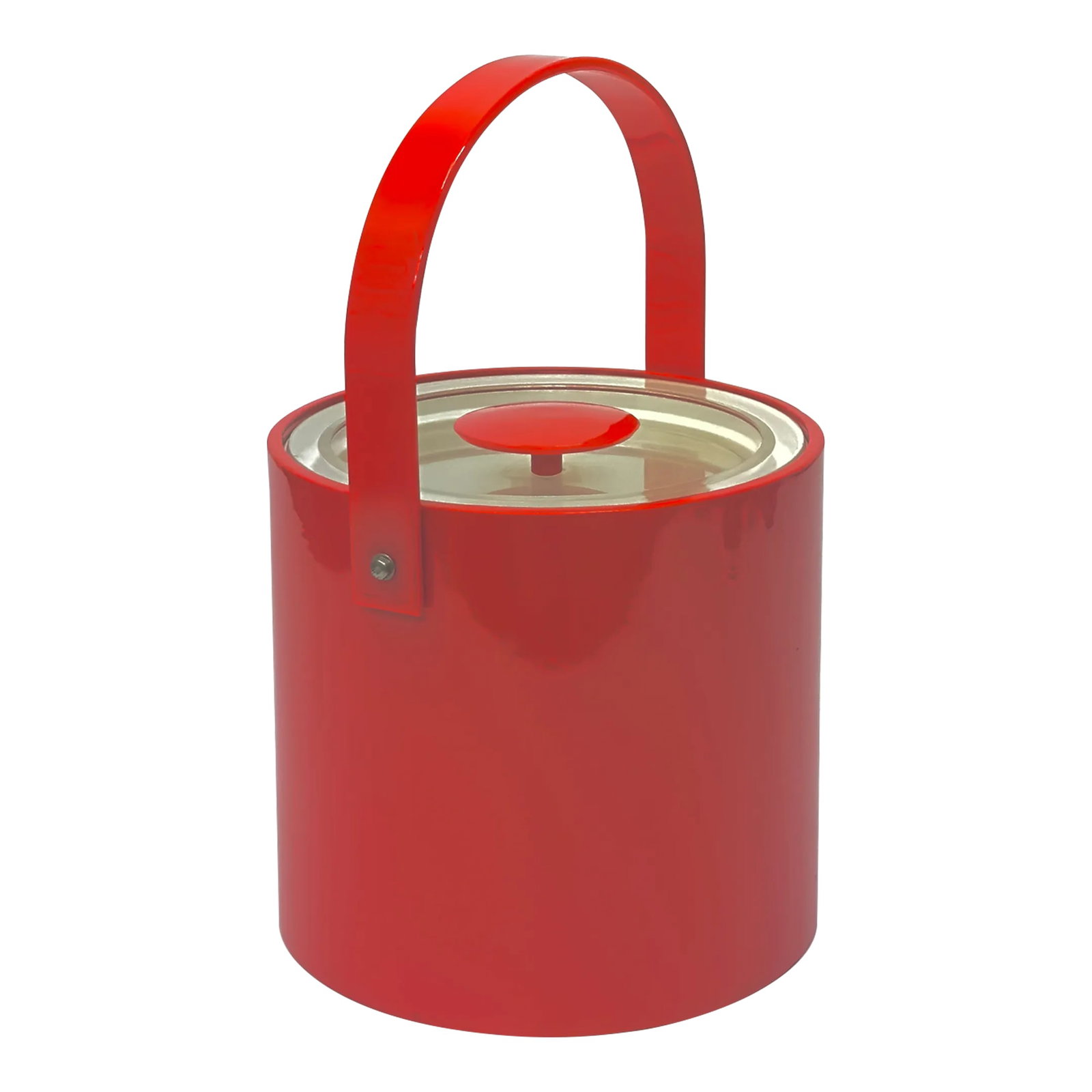 Engine Red Faux Patent Leather Ice Bucket Attributed to Georges Briard: Red ice bucket. This is an eccentric Georges Briard fire truck-red faux patent leather ice bucket in a cylindrical shape with a transparent lid with red handle details. Made in Taiwan. Measurement