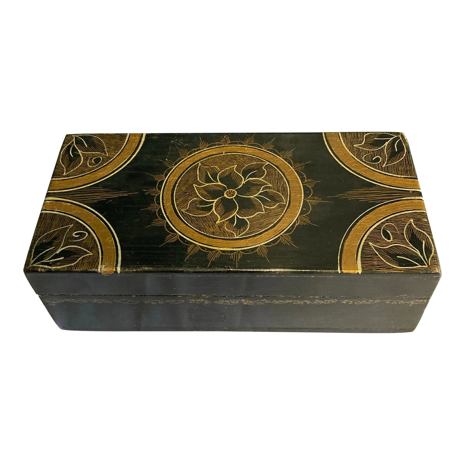 Vintage Gold and Black Lacquered Floral Decorative Box: This vintage black wooden trinket box is hand painted with refined gold floral medallions, offering classic decorative appeal with subtle patina. Its rectangular silhouette and detailed surface