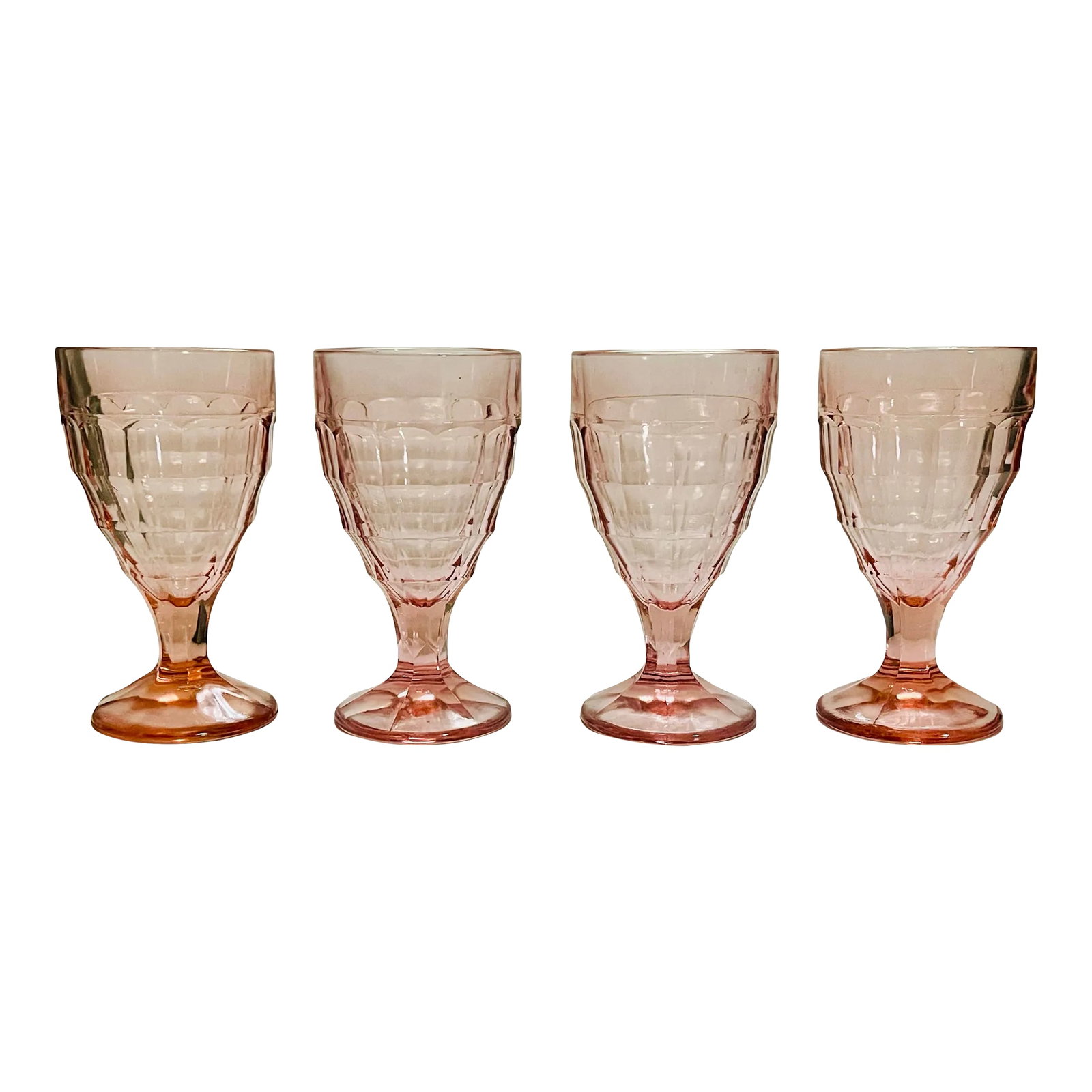 1930's Pink Hazel Atlas Water Goblets- Set of 4: A wonderful set of 1930's footed glasses in a pale pink square pattern. Ships within 1-2 days using USPS. All items packed with care. Please contact us with any questions. Arrives within 2-5 business
