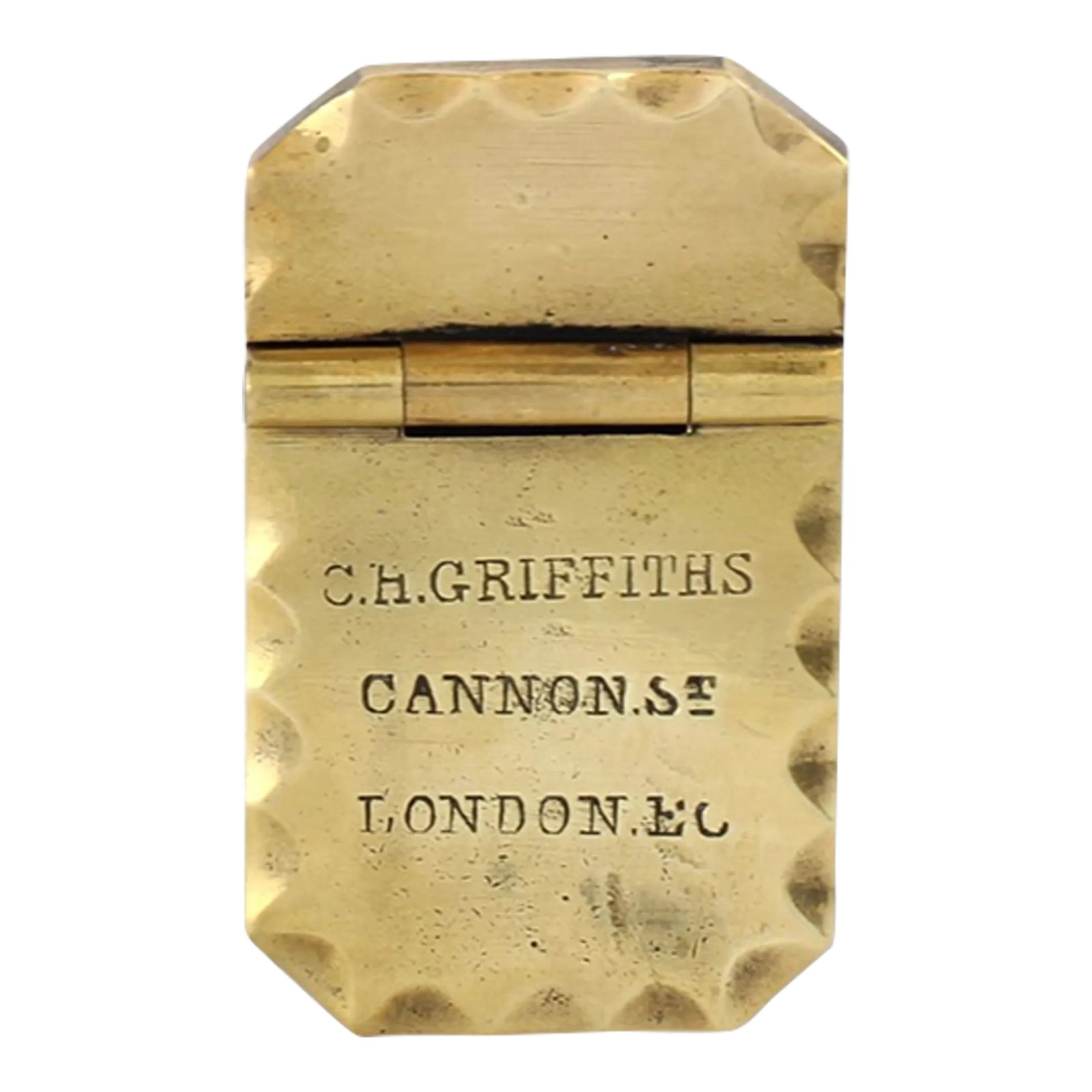 Antique London Lock Cover: Antique brass lock cover engraved with "C.H. Griffiths, Cannon St, London E.C." This finely crafted piece likely served as a protective cover for a keyhole, showcasing Victorian-era attention to
