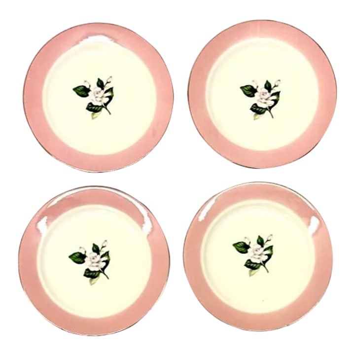 Quaint Vintage Rose Motif Porcelain Side Plates - Set of 4: Rose floral plates, group of 4. This set of 4 side plates was produced by International DS Company in Alliance Ohio, circa the 1950s. The rose motif with a sherbet-colored rim was called the Glenwood 