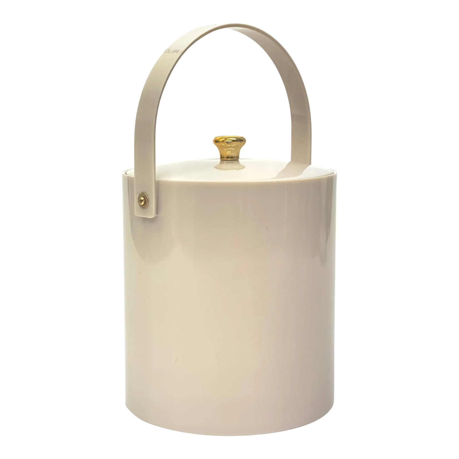 Classic Mushroom-Colored Acrylic Ice Bucket by Irvinware: Taupe ice bucket. This 1970s-lidded acrylic ice bucket by Irvinware features a mushroom taupe colorway with gold hardware. Measurement excluding handle: Width: 6.25" Height: 11" Condition: