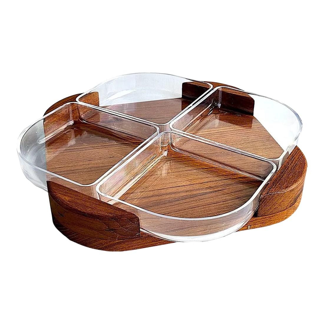 1960s Selandia Designs Teak Wood and Lucite Divided Dish Set, 5 Pieces: Offered is a Vintage Teak Wood and Lucite Divided Dish Set from the 1960's. It is quintessential late mid 20th century Danish modern design by Selandia Designs of Denmark. The wooden base holds 4 luci
