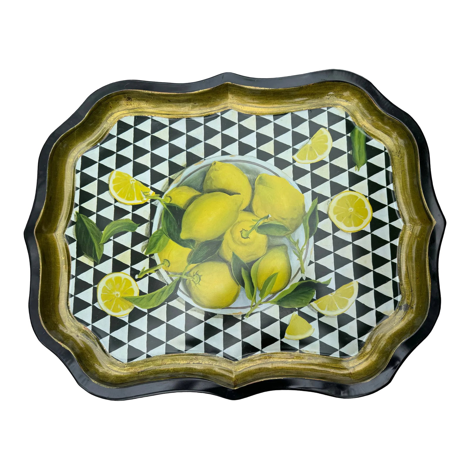 Hand Painted Lemon Tray: Hand painted metal tray, Ian Logan - London. painted by Sara Hay . Black and white triangle pattern with lemons and gold and black border. Condition: Alterations: Original Condition Unaltered