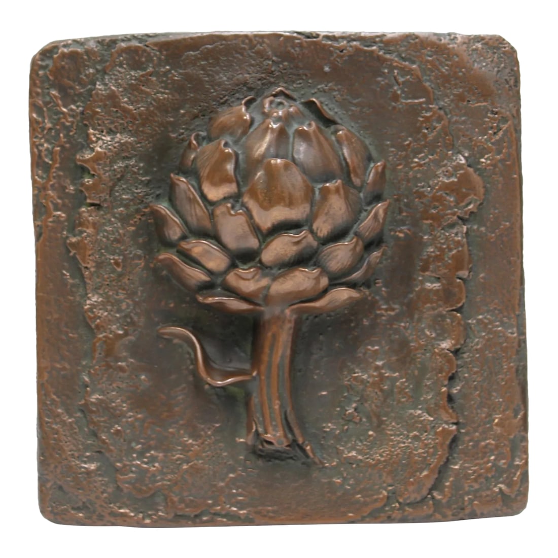 Vintage Rustic Ceramic Artichoke Art Tile: Vintage artichoke ceramic wall tile with coarse design and bronze coloring Very Good vintage condition Dimension: 8-inch H x 8-inch W x 2-inch D. Condition: Alterations: Original Condition Unaltered