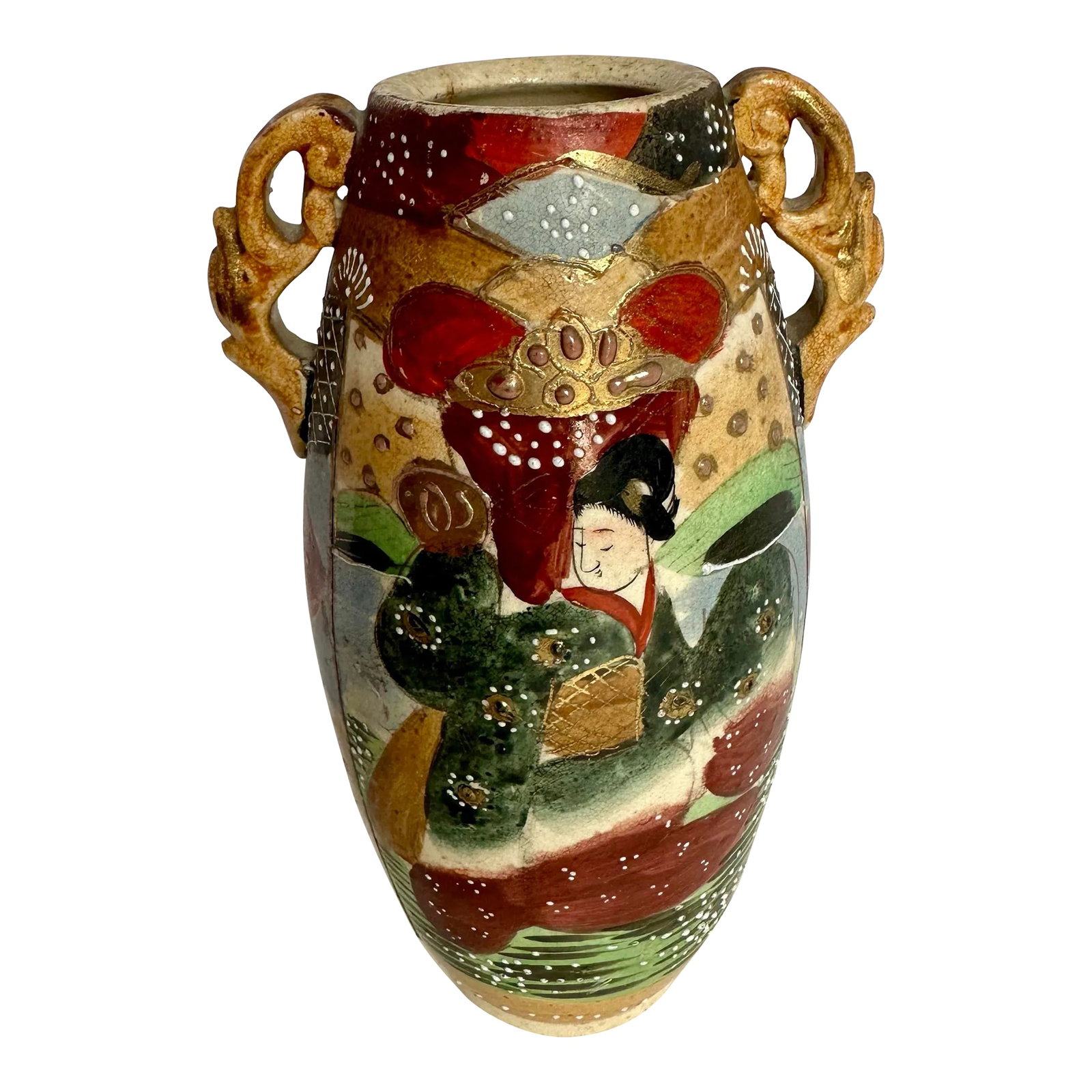 Antique Hand Painted 1920's Japanese Pottery Vase: This vase appears to be a ceramic piece with intricate hand-painted designs. The main body of the vase showcases a traditional East Asian aesthetic, with a central figure dressed in colorful, ornate
