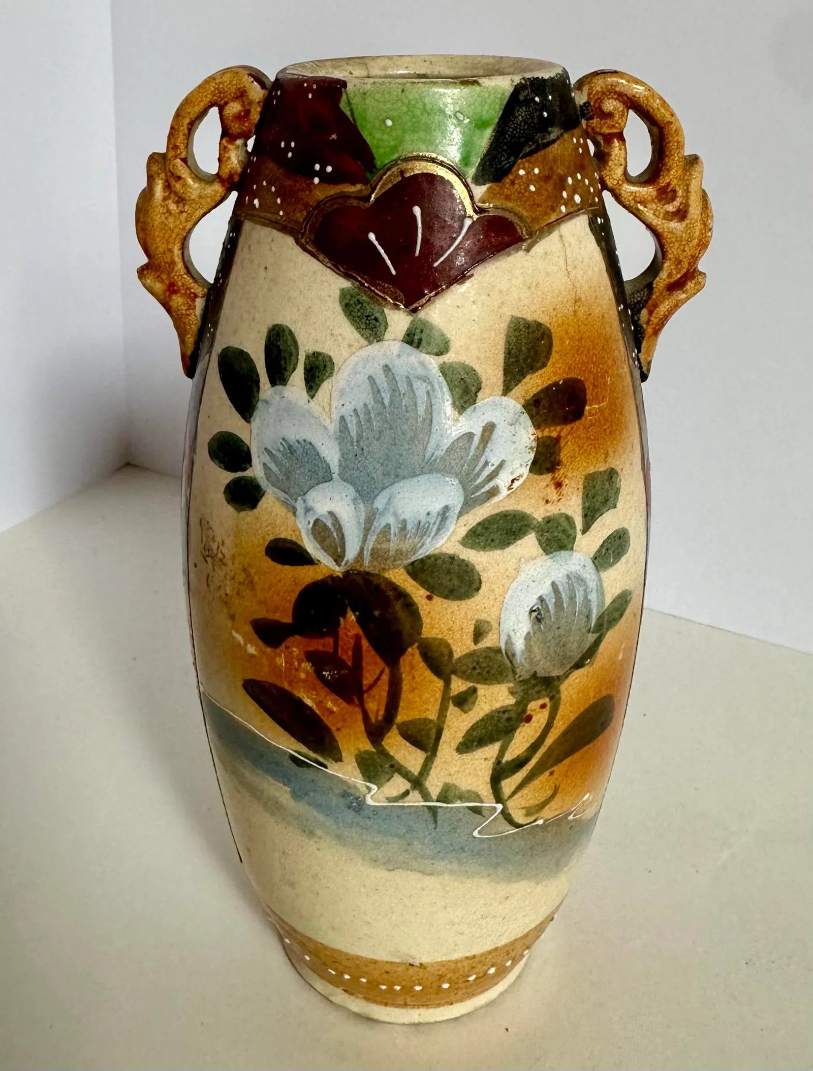 Antique Hand Painted 1920's Japanese Pottery Vase - 2