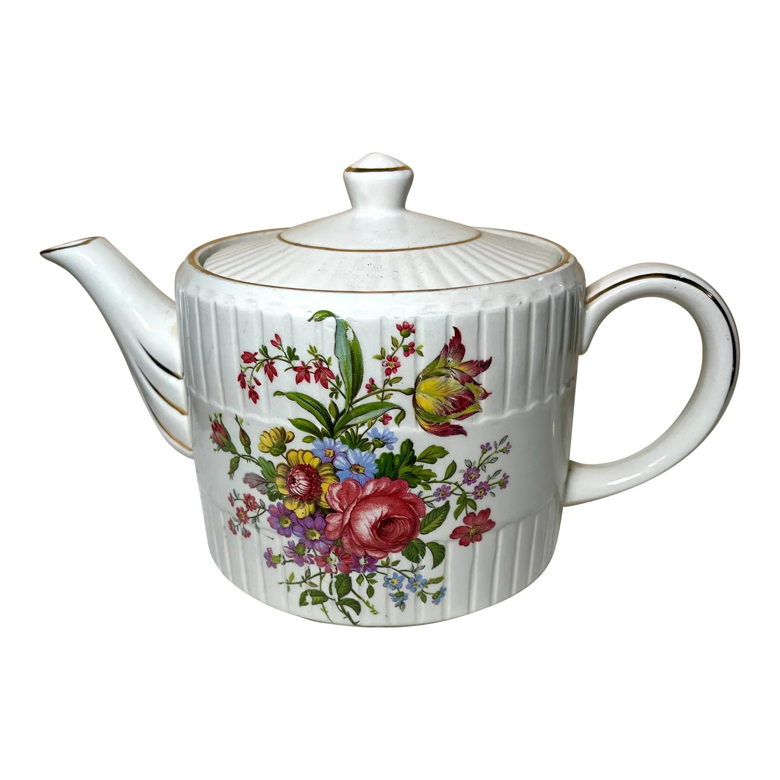 1970s Wood & Sons England Ellgreave a Div. Tea Pot, Ribbed, Pin Rose and Multifloras: The Ellgreave teapots by Wood & Sons, particularly those under the Ellgreave name, were typically produced in the mid-20th century. The Ellgreave division was known for its decorative and functional