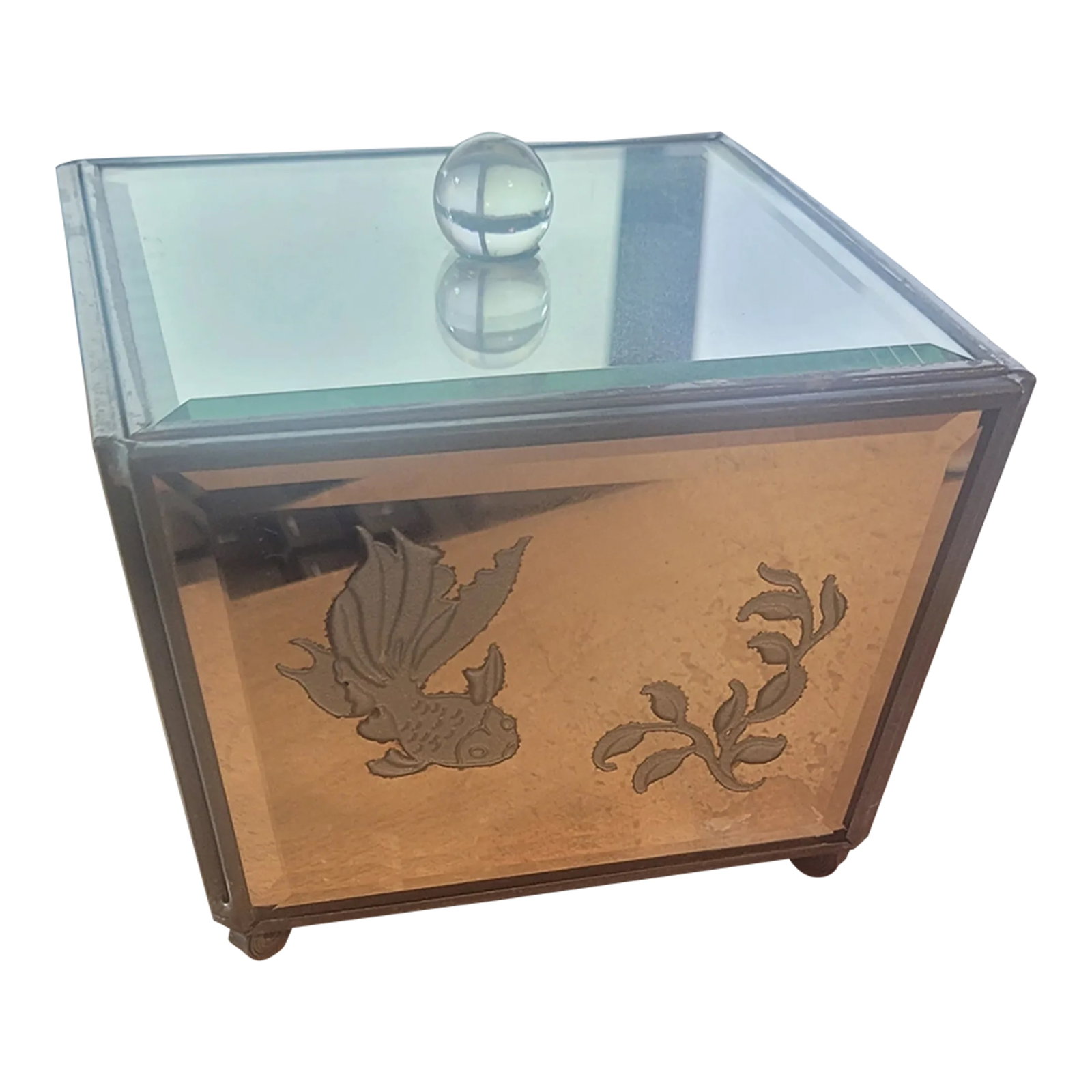Mid 20th Century Vintage Mirrored Box With Etched Japanese Goldfish Design: This unique vintage box features mirrored panels and a beautifully etched design of a goldfish swimming amongst aquatic plants. The box is constructed with a metal base and a mirrored lid adorned