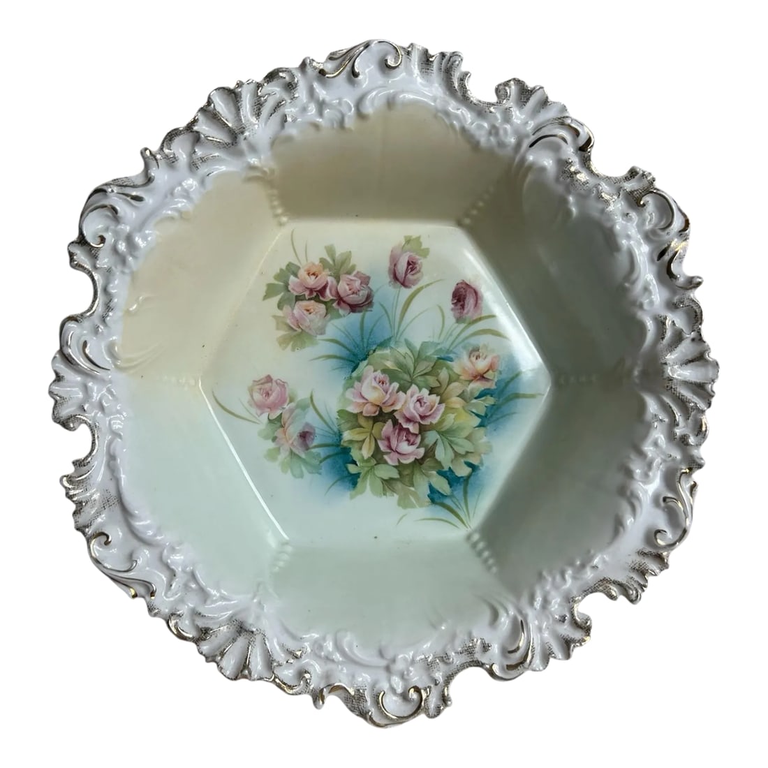 Antique Decorative Fruit Bowl Rs Prussia Floral Pink Rose Gold Trim: Antique Bowl RS Prussia Floral Pink Rose Gold Trim 10.5" Ornate Edges Decorative Use or Fruit Bowl Late 1800's or Early 1900's Condition: Alterations: Original Condition Unaltered Imperfections: Some