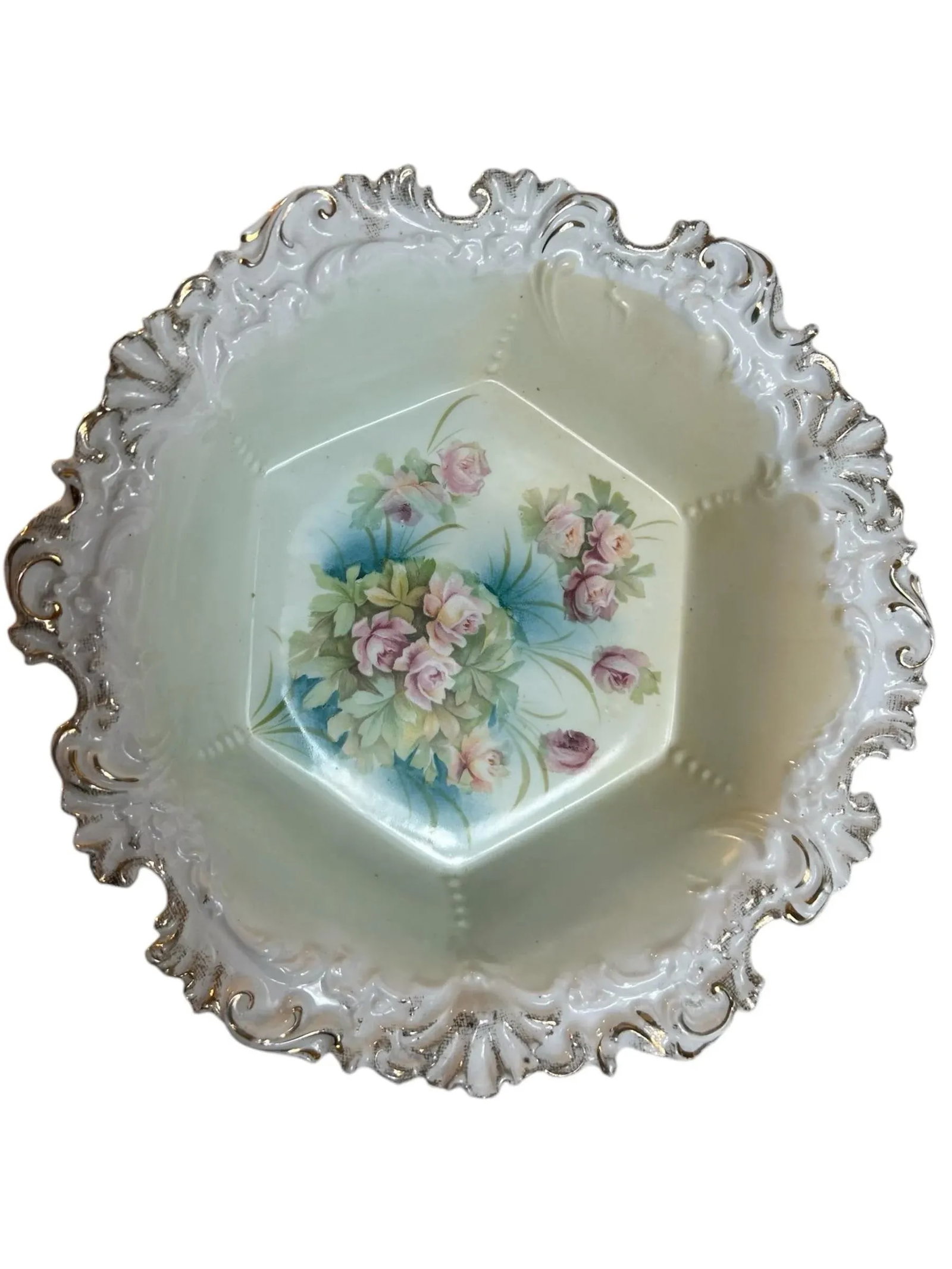 Antique Decorative Fruit Bowl Rs Prussia Floral Pink Rose Gold Trim - 6