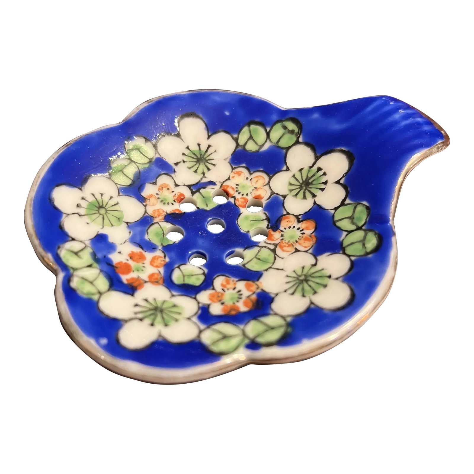 Vintage 1980s Hand Painted Cobalt Blue Tea Strainer: Hand Painted Tea Strainer - hand painted in cobalt blue, detailed with gold - measures 3 7/8" x 2 7/8" - perfect condition; no observed issues Condition: Alterations: Original Condition Unaltered