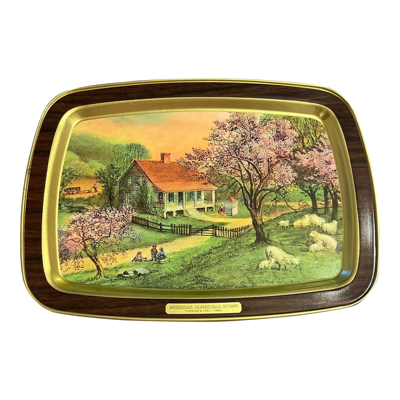 1970s Currier & Ives 1868 American Homestead Spring Vintage Serving Tray: AMERICAN HOMESTEAD SPRING 1868 vintage metal tray by Currier & Ives features: - measures 14 5/8" x 10 7/8" x .5" height - new old stock - in original packaging, appears unused. may display some