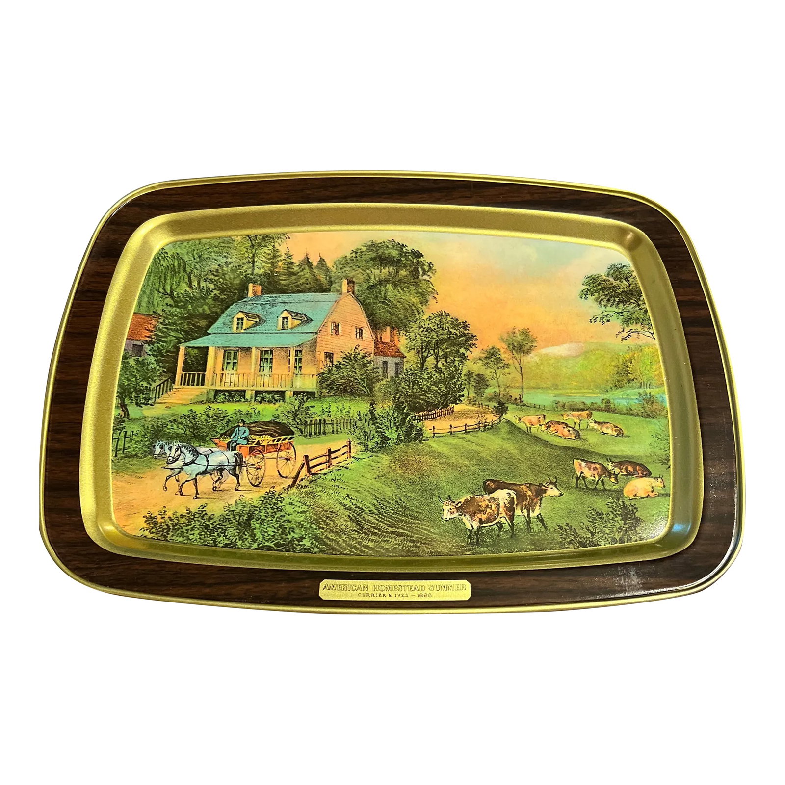 1970s Currier & Ives 1868 American Homestead Summer Vintage Serving Tray: AMERICAN HOMESTEAD SUMMER 1868 vintage metal tray by Currier & Ives features: - measures 14 5/8" x 10 7/8" x .5" height - new old stock - in original packaging, appears unused. may display some