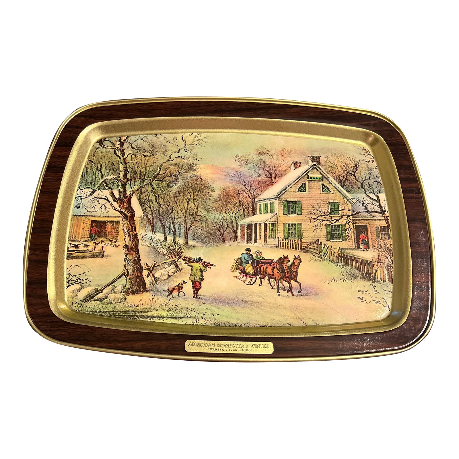 1970s Currier & Ives 1868 American Homestead Winter Vintage Serving Tray: AMERICAN HOMESTEAD WINTER 1868 vintage metal tray by Currier & Ives features: - measures 14 5/8" x 10 7/8" x .5" height - new old stock - in original packaging, appears unused. may display some