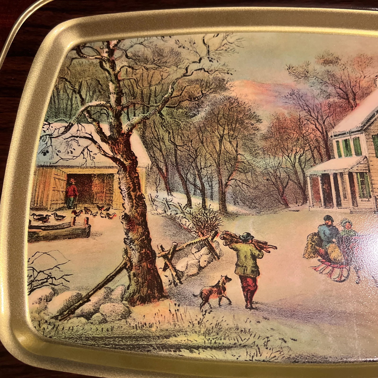 1970s Currier & Ives 1868 American Homestead Winter Vintage Serving Tray - 4