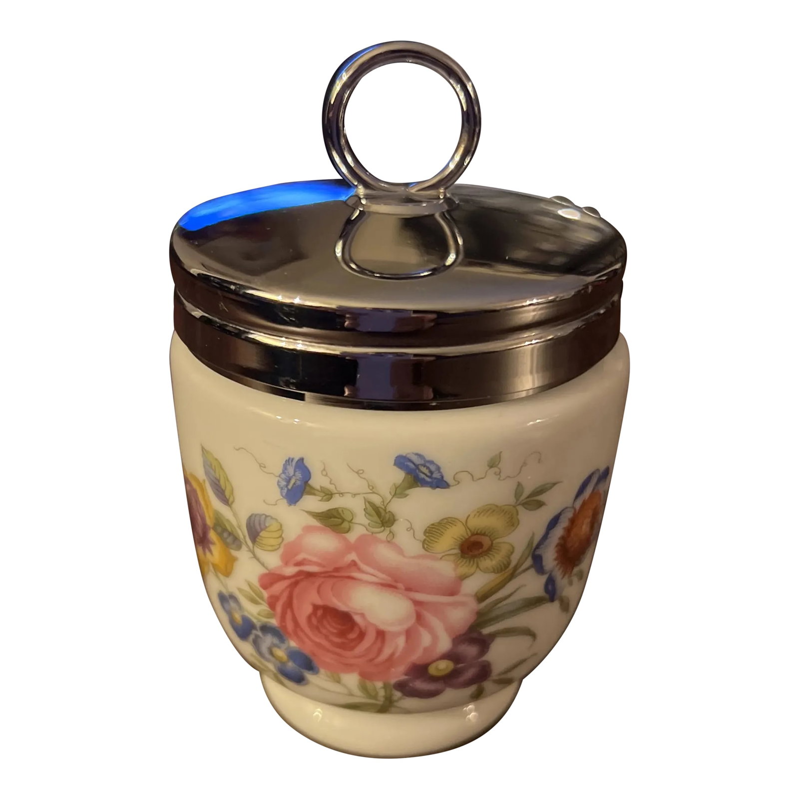 Vintage Royal Worcester Egg Coddler Bournemouth: Royal Worcester Egg Coddler Features: - pattern Bournemouth by Royal Worcester - porcelain egg coddler - floral design - silver plated covered lid with handle - includes original box - approximate