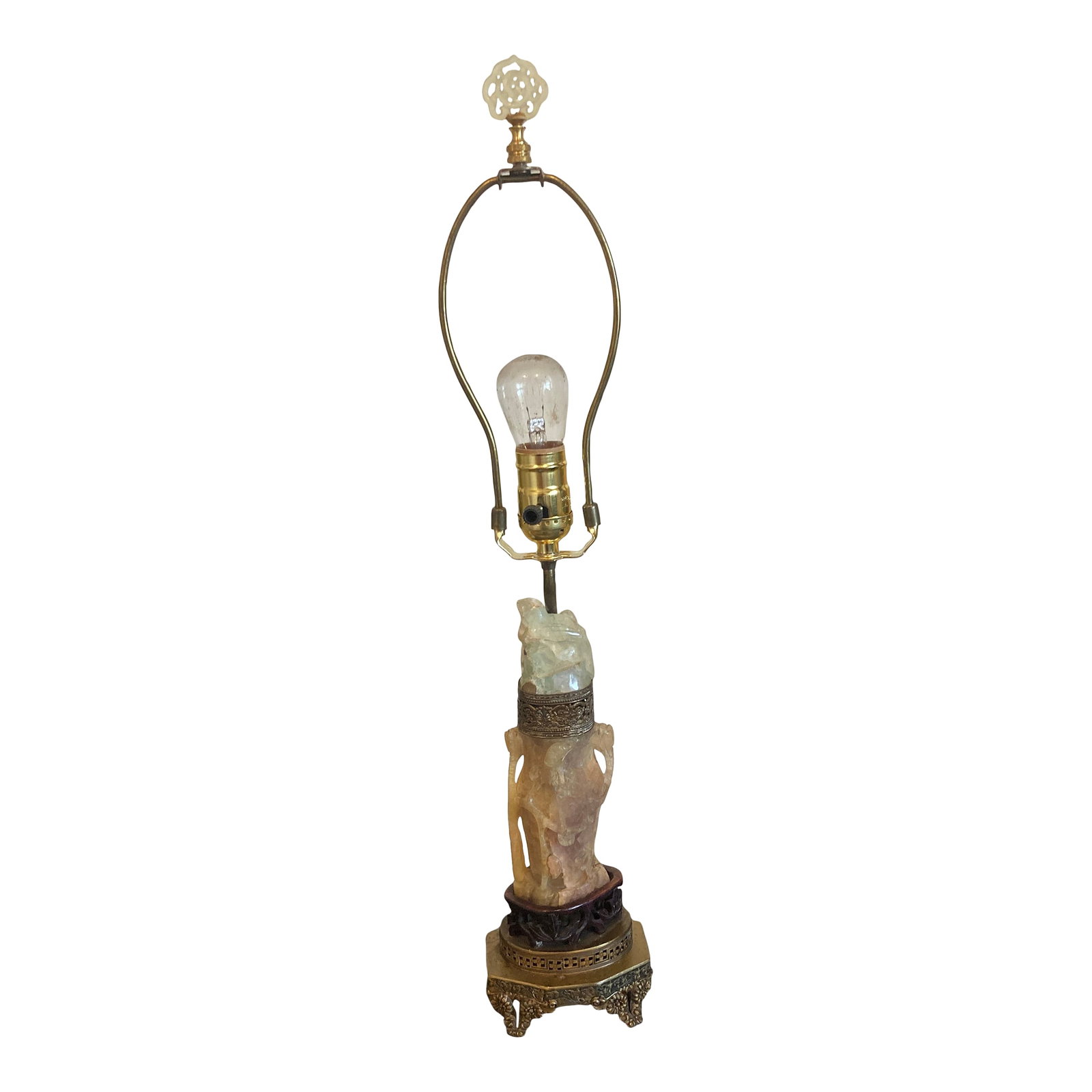 Vintage Asian Inspired Carved Stone Lamp: Very nice lamp. I'm guessing the carved stone is either quartz or nephrite or a combination of both. Has been rewired for safety and works perfectly. Also made with filagreed brass and carved