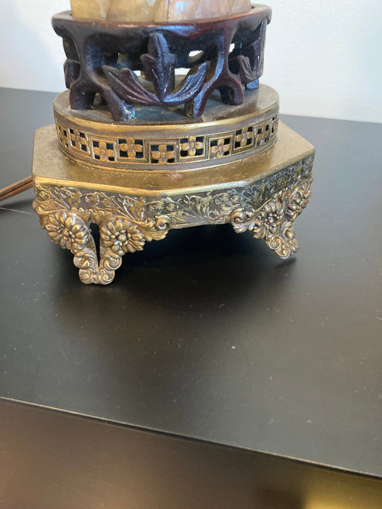 Vintage Asian Inspired Carved Stone Lamp - 3