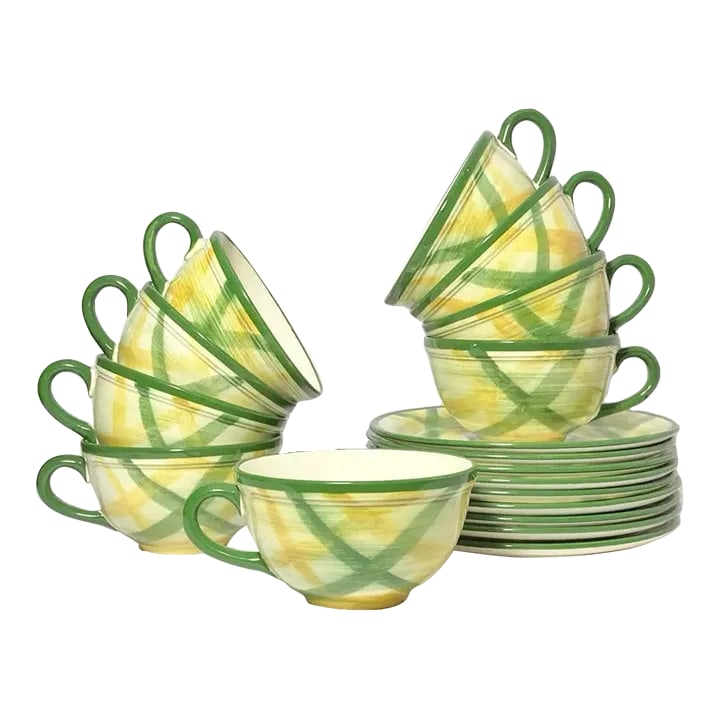 1950s Metlox "Gingham" Ceramic Teacups & Saucers Set- 18 Pieces: Metlox "Gingham" Set of 9 Ceramic Teacups 2 1/4" 8oz & Saucers 6 3/8" No chips, cracks, or fleabites. However, most saucers have three small stain marks on the back. These occur during the production