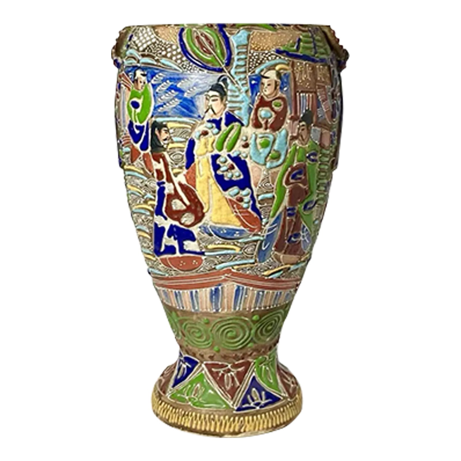 Japanese Meiji Period Satsuma-Style Moriage Ceramic Open Vessel, Scholars: Japanese Meiji Period Satsuma-Style Moriage Ceramic Open Vessel, Scholars 13.5" Good vintage condition. Height 13 1/2" Length 8 1/2" Width 8" Condition: Alterations: Original Condition Unaltered Imp