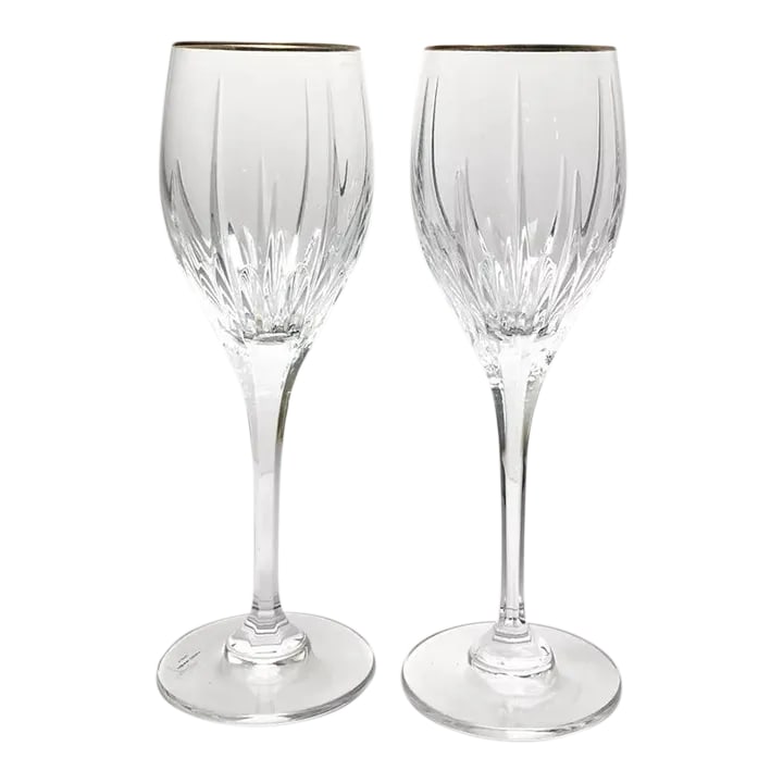 1990s Mikasa "Golden Lights" Pair of Crystal Water Glasses: Mikasa "Golden Lights" Pair of Crystal Water Glasses 9" 10oz No chips, cracks, or fleabites. Height 9" Length (Opening) 2 3/4" Holds 10oz Circa 1990s Condition: Alterations: Original Condition