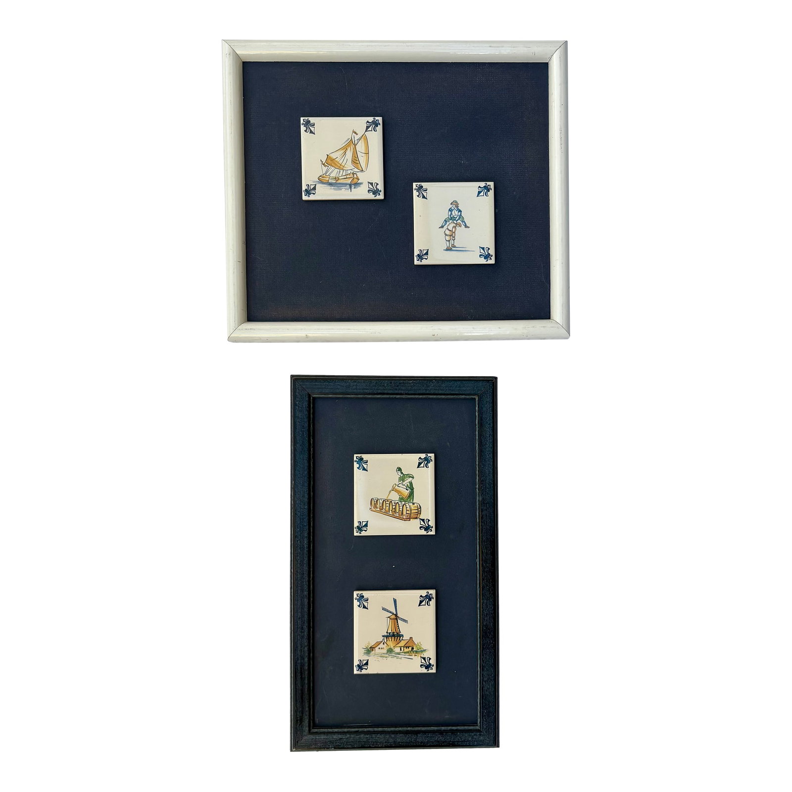Late 20th Century Regina Delft Polychrome Framed Tile Coasters, Set of 2 Hangings: Set of two framed Regina Delftware Polychome tile coasters, 2 each shown in a matted frame (2 frames of 2 tiles total). These collectible tile coasters were given by KLM Royal Dutch Airlines to there