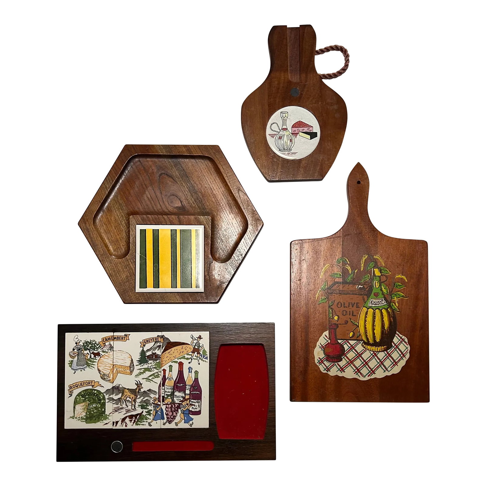 Mid 20th Century French Wood and Tile Charcuterie Boards- Set of 4: Where's the party? No matter the location, you will be ready for your guests with this collection of four French Mid Twentieth Century wood charcuterie serving boards. Charming artwork,in shades of