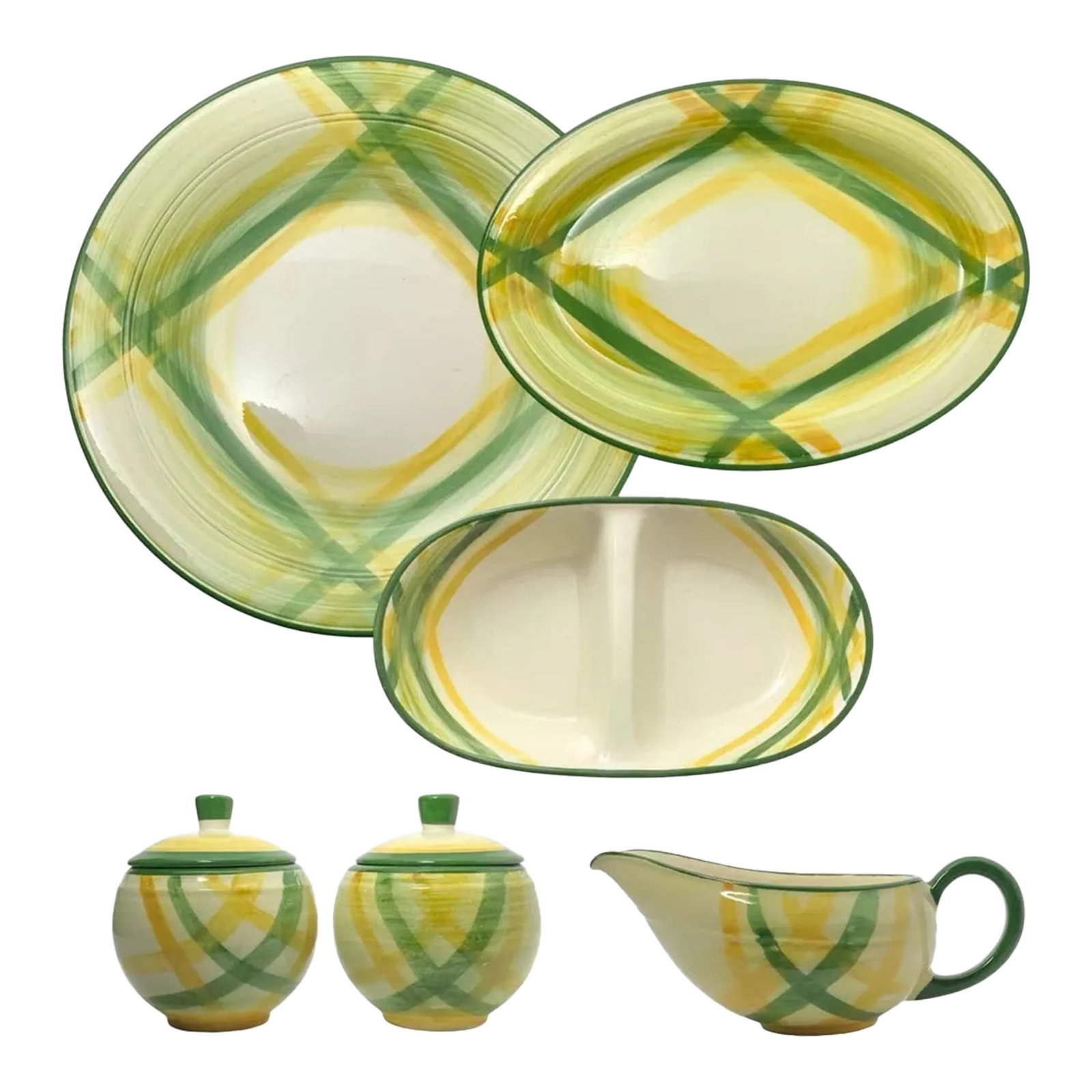 1950s Metlox "Gingham" 6-Piece Ceramic Dinnerware Serving Hostess Set: Metlox "Gingham" 6-Piece Ceramic Dinnerware Serving Hostess Set No chips, cracks, or fleabites. Set Includes 2 Sugar Bowls & Lid 4 1/2" 1 Gravy Boat 6 1/2" 1 Oval Serving Platter 12 5/8" 1 Round Servi